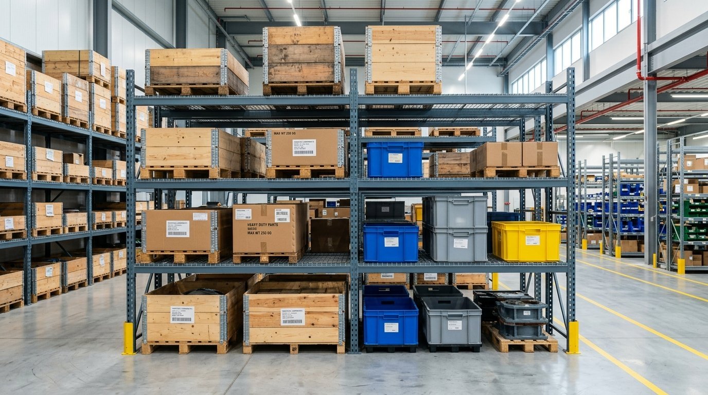 Heavy duty bulk storage racking system with orange step beams and wire decking holding boxed warehouse inventory