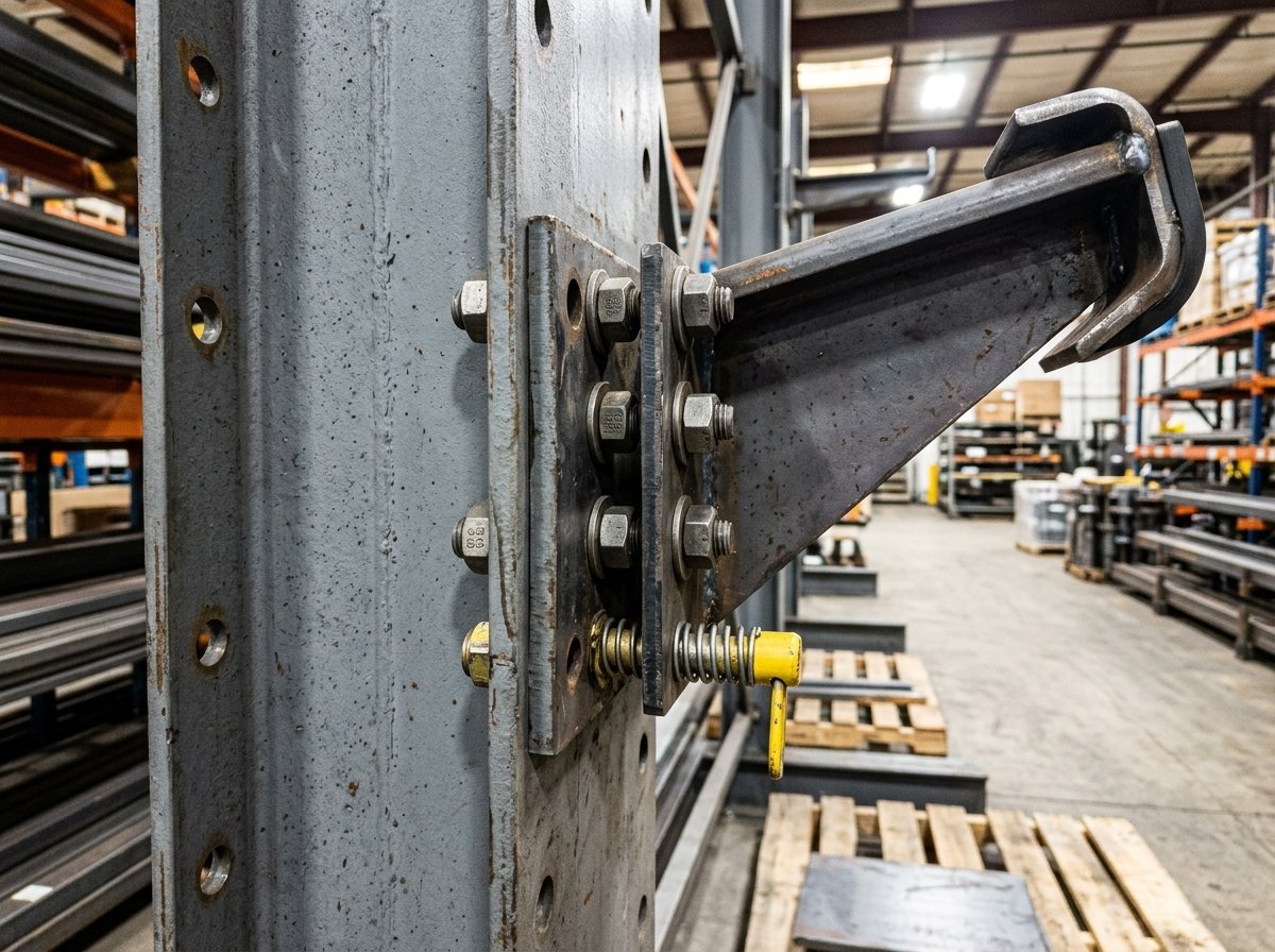 Close up detail of heavy duty cantilever rack arm connection showing high strength structural bolts, safety locking pin, and upward pitch angle