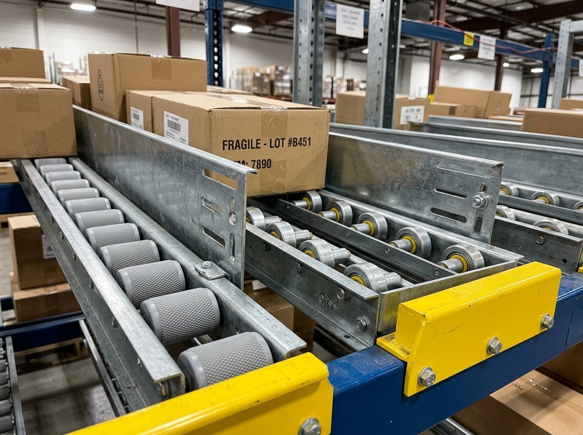 Close up view of carton flow racking roller tracks, galvanized steel lane dividers, carton stop bracket, and skate wheel beds