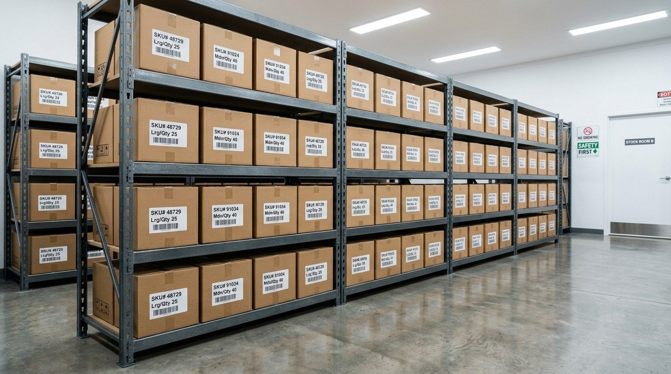 Heavy duty commercial steel shelving racks organized in industrial warehouse inventory facility