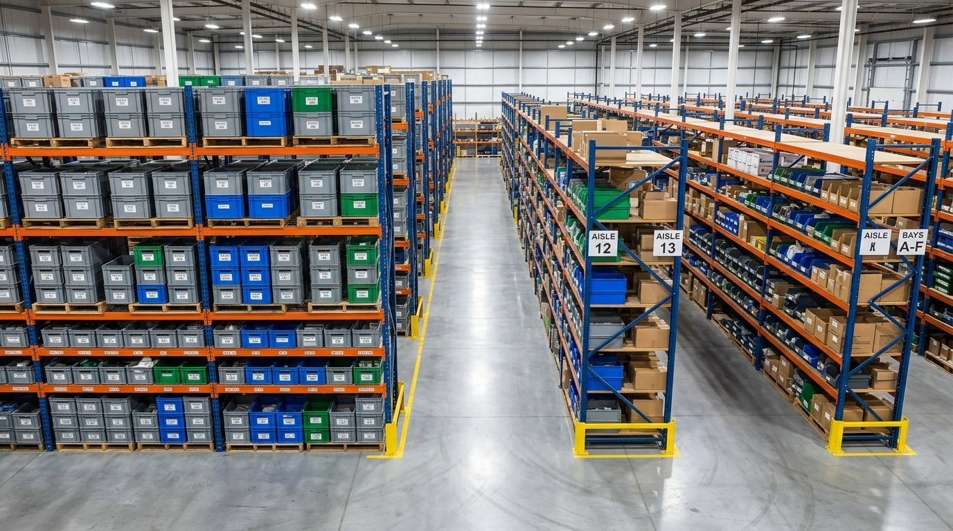 Heavy duty freestanding industrial steel shelving units in commercial garage workshop