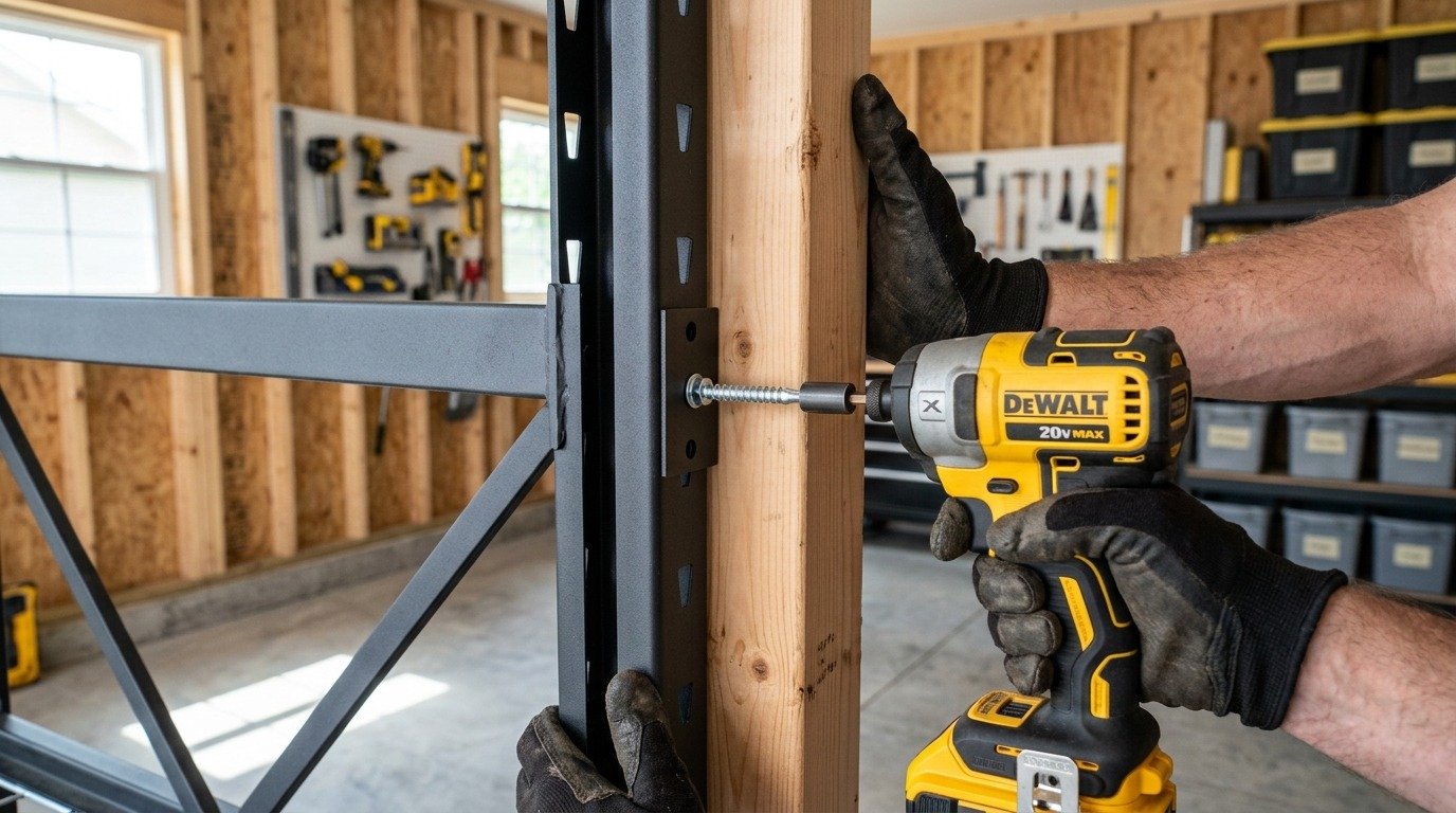 Step by step installation of heavy duty overhead and wall mounted garage storage racks with laser level and lag bolts