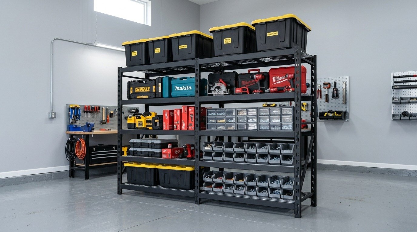 Black heavy duty boltless steel shelving units in garage organized with storage totes and power tool cases