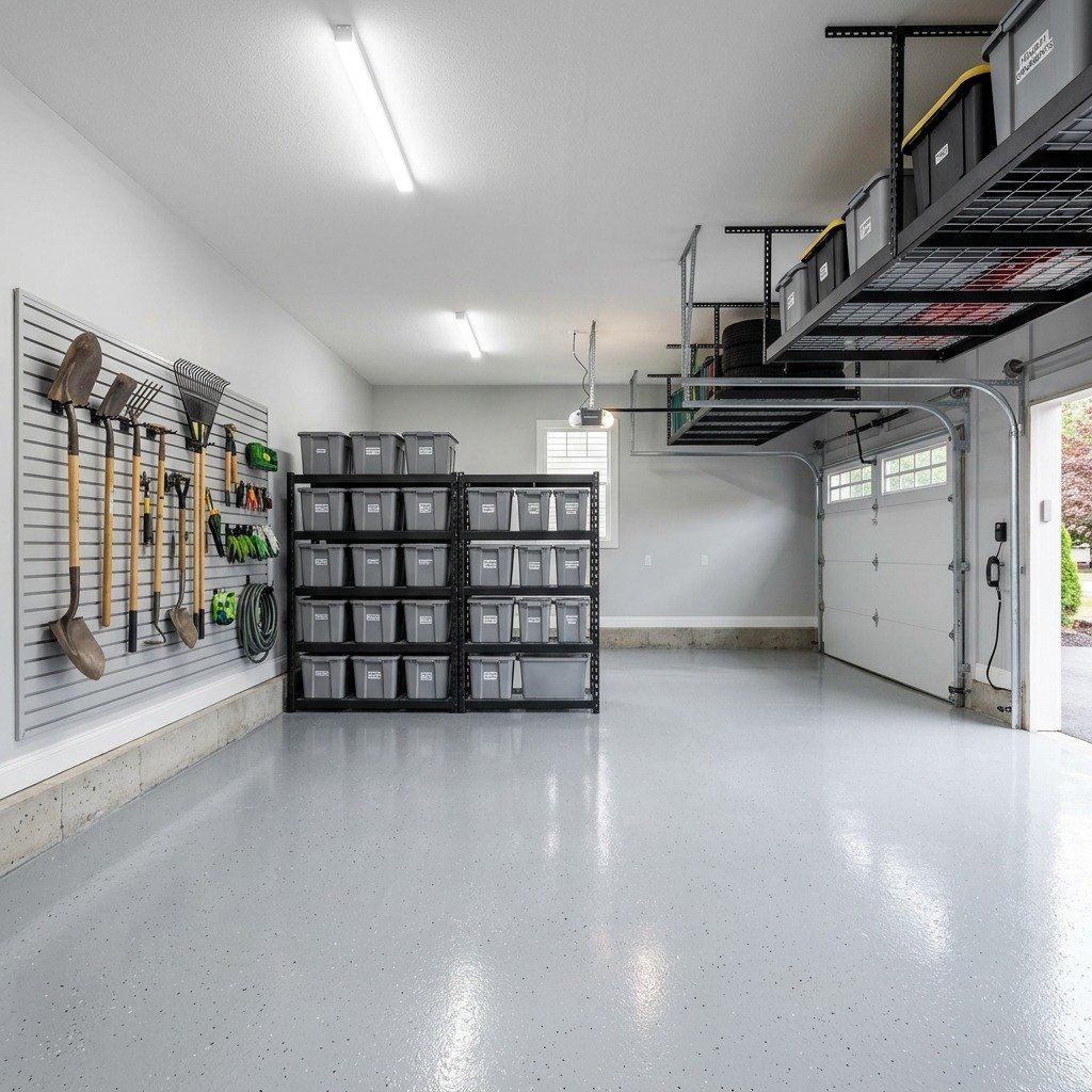 Organized two car residential garage with grey epoxy floor, wall slatwall panels, and heavy duty steel shelving