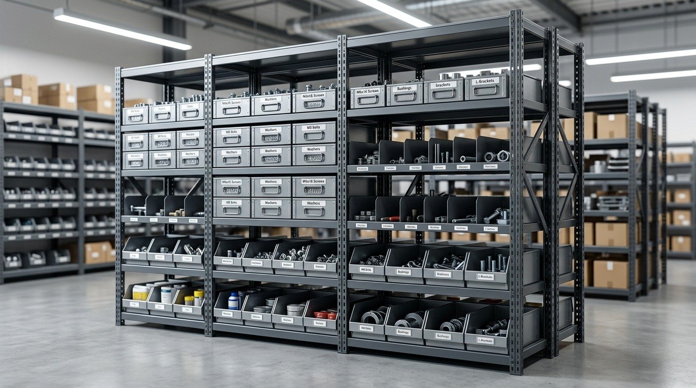 Modular adjustable steel shelving system installed with storage bins and workbench configuration in modern workspace