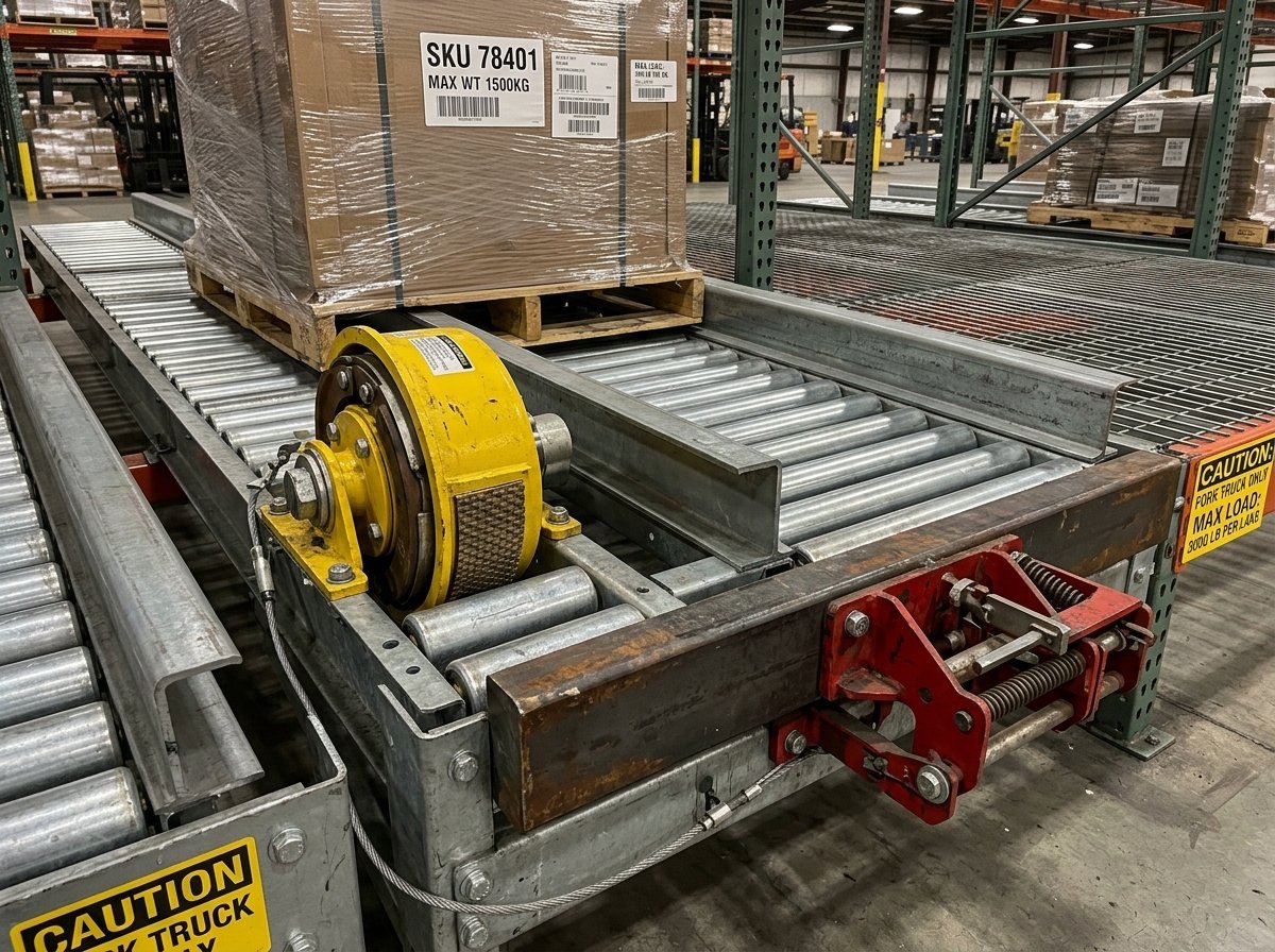 Close up detail of pallet flow racking centrifugal speed controller brake drum, galvanized steel rollers, and heavy duty pallet stop separator