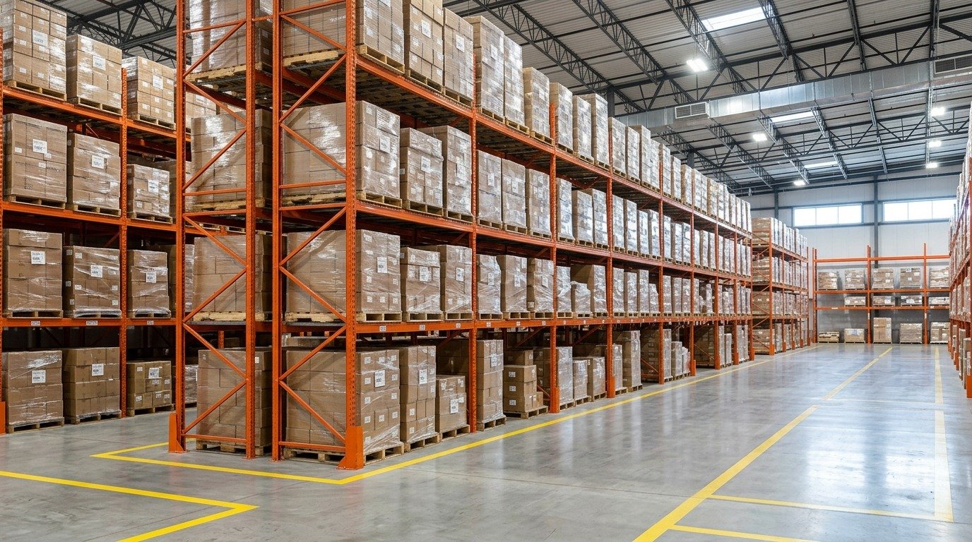 Heavy duty selective and high density pallet racking system installed in industrial warehouse distribution facility