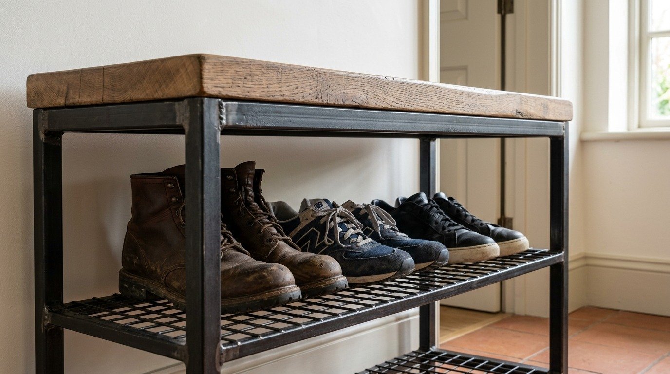 Industrial steel entryway shoe rack shelf with open wire grid holding boots and athletic shoes