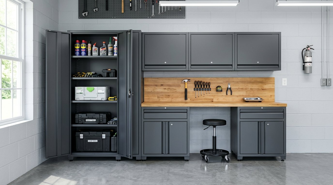 Steel shop cabinets with locker, base cabinets and wall cabinets in a clean garage workshop