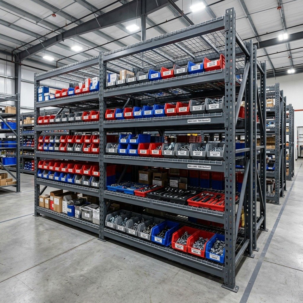 Industrial steel shelving units loaded with organized hardware bins and tools in commercial stockroom