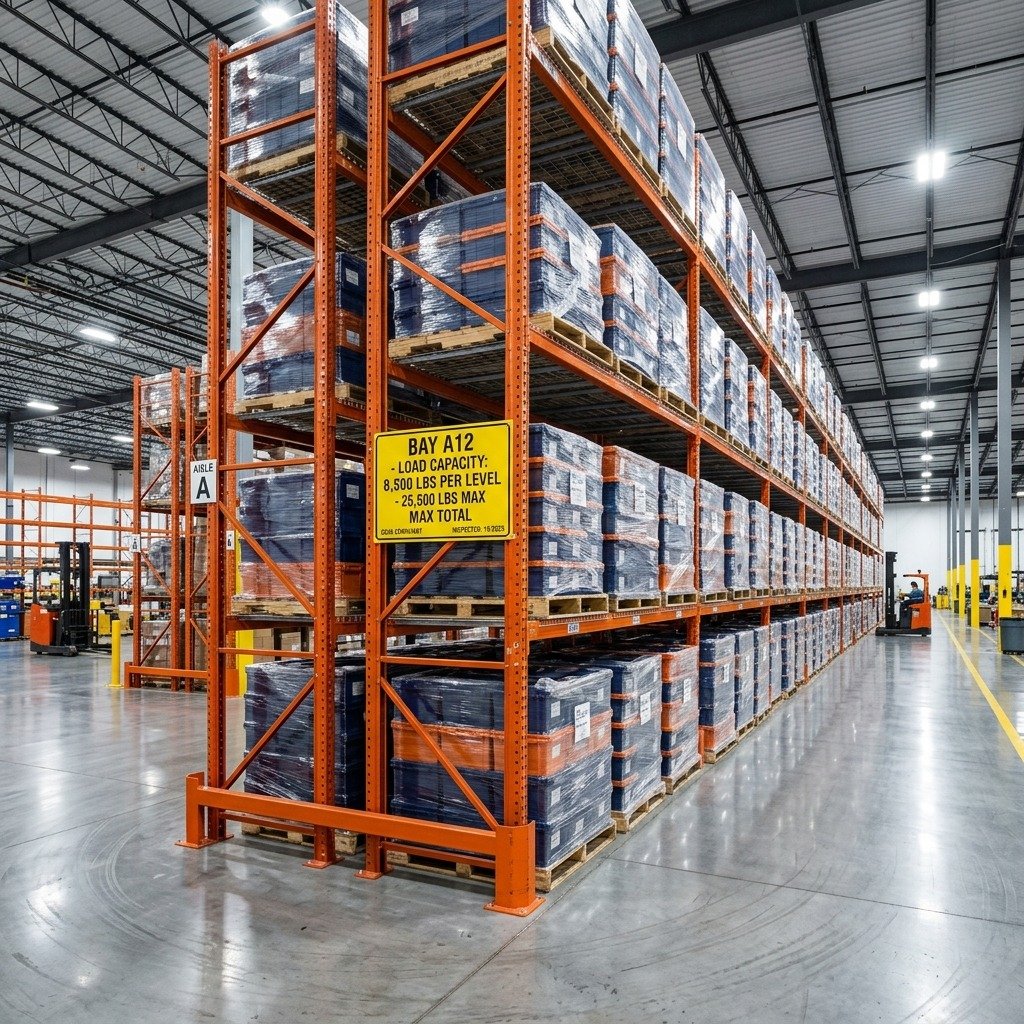 Industrial orange pallet rack bay in warehouse with prominent yellow weight capacity plaque on frame