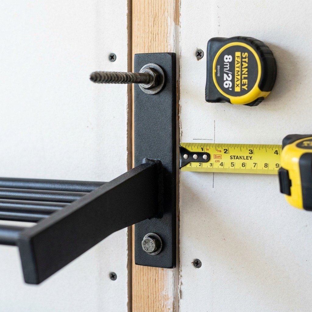 Close-up of wall mounted shoe rack steel bracket anchored into wall stud with heavy lag bolt