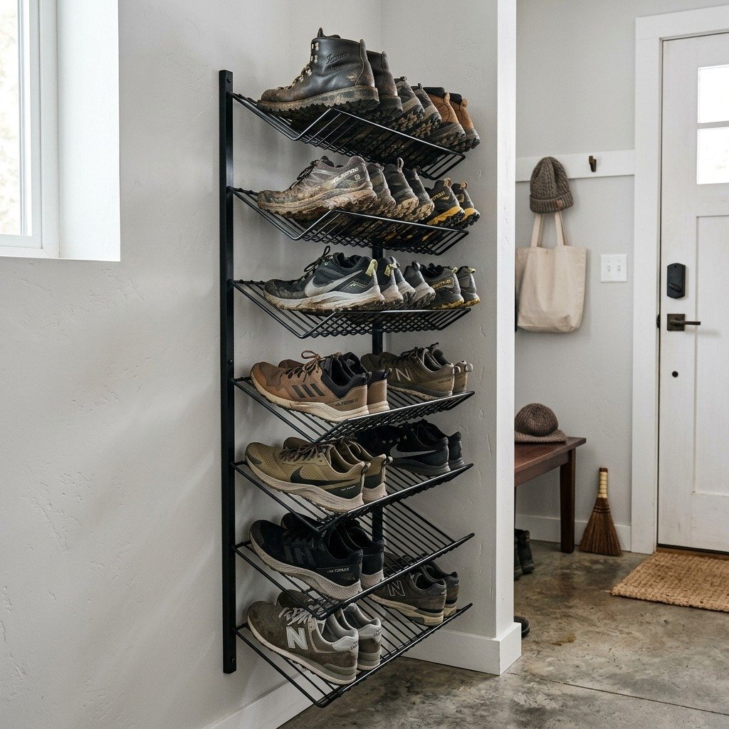 Vertical multi tier wall mounted shoe rack with slanted wire shelves holding boots and athletic shoes