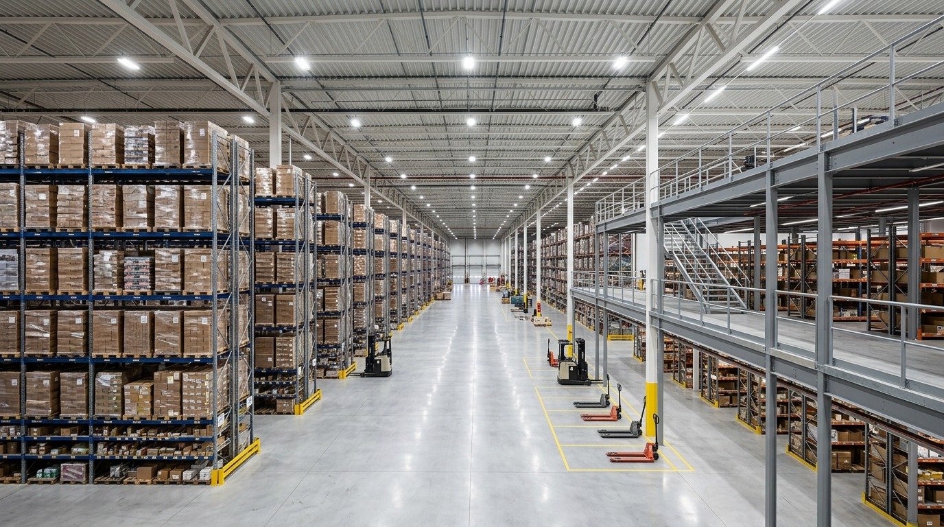 Wide-angle view of a high-ceiling distribution center filled with organized pallet racking systems and clean aisle spaces